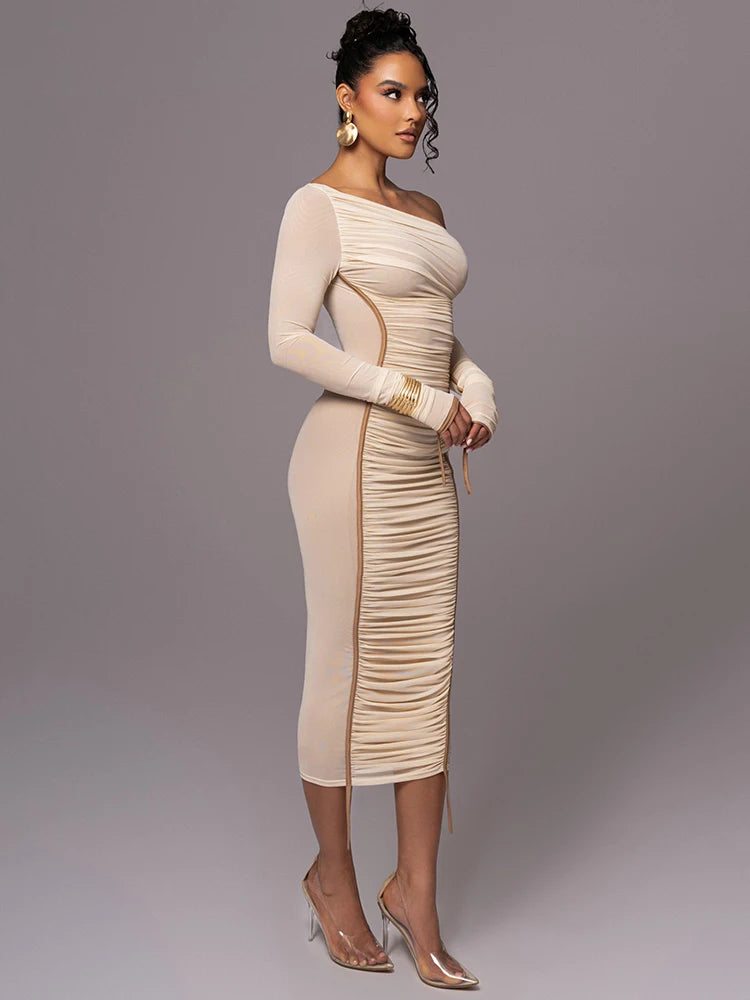 Diagonal Collar Long Sleeve Midi Dress For Women